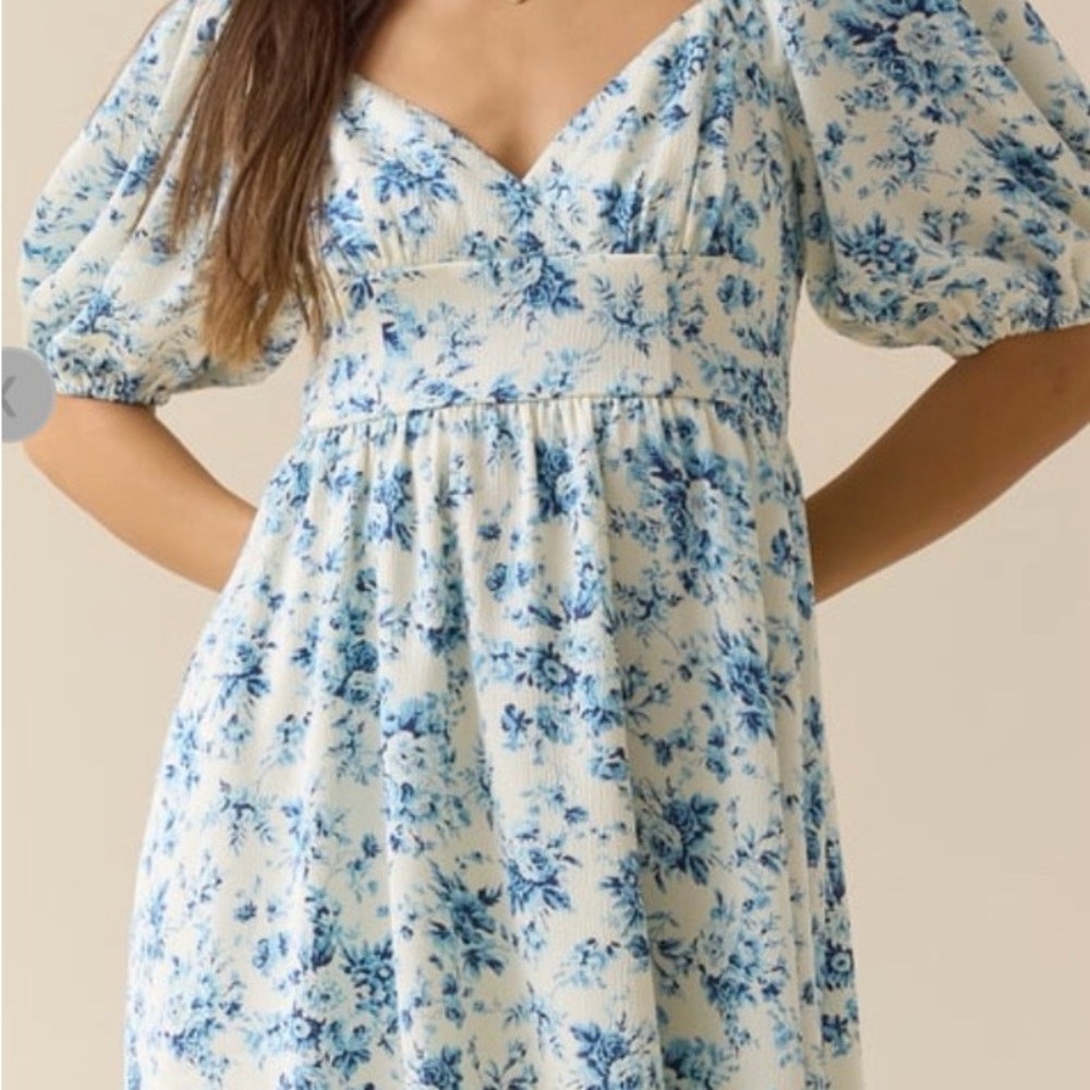 Altar'd State White Dress with Blue Floral Print and Puff Sleeves